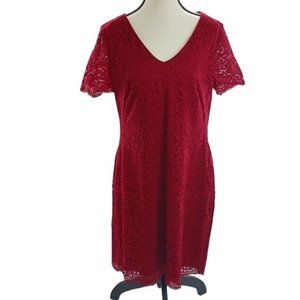 Lauren Ralph Lauren Dress Red Lace Short Sleeve V Neck Shift Womens Size 14